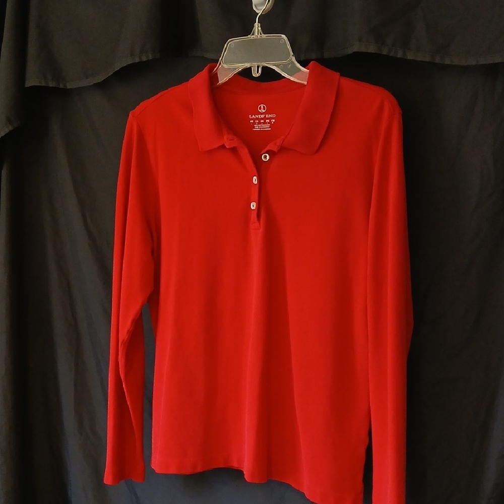 Lands' End Women's Long Sleeve Red Polo Shirt Sz Large